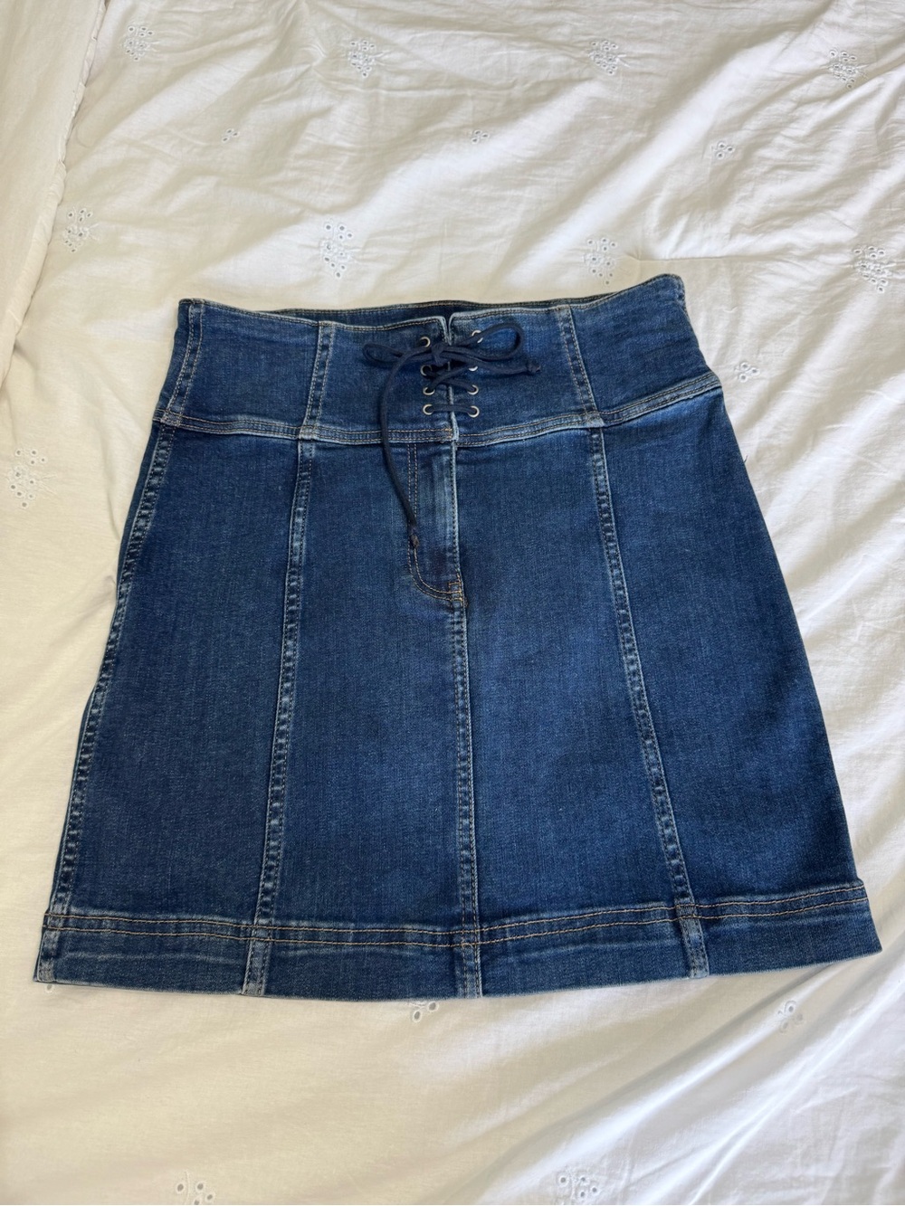 Free People Dark Blue Lace-Up A-Line Denim Skirt